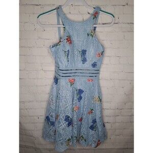 Jodi Kristopher Women's Blue Floral Lace Embroidered Boat Neck A-Line Dress SZ 7